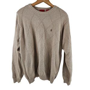 Izod Sweater Womens Size L Tan Cotton Cable Knit Embroidered Logo Pull Over